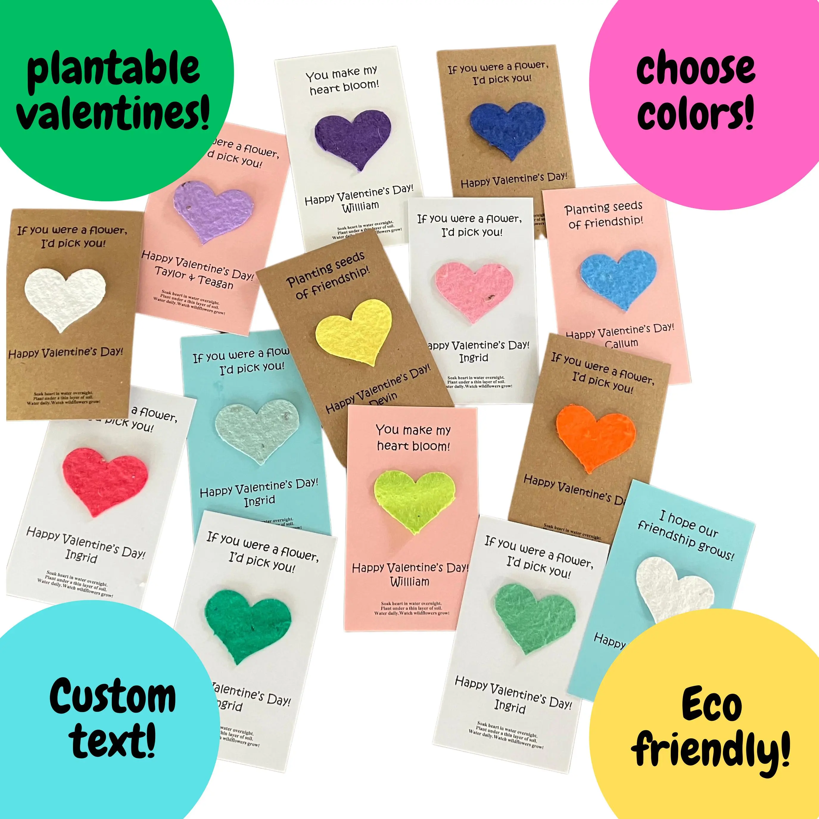 Kids Valentines Day Cards with Plantable Hearts, Set of 10 Cards, Classroom gift, cards for boys and girls, Valentines day cards for kids, School valentines