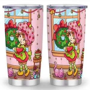 1pc Strawberry Shortcake 20oz Stainless Steel Tumbler - Double-Wall Vacuum Insulated with Leakproof Lid, Cute Character Design for Gym, Outdoor, Camping, Travel - Perfect Birthday Gift