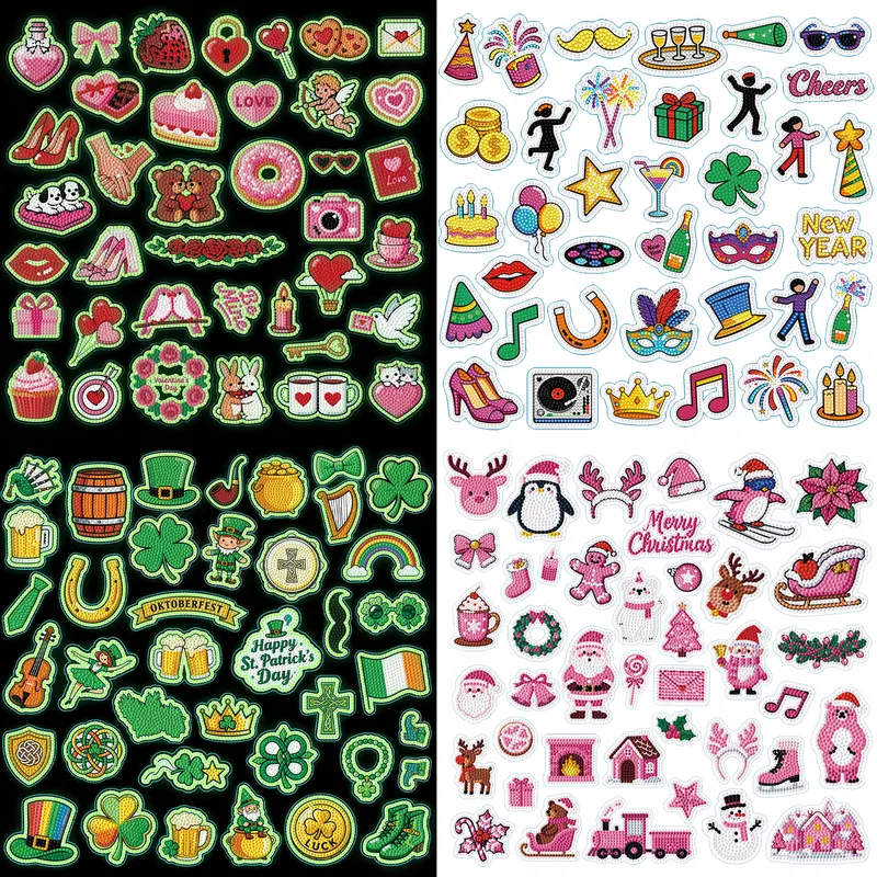 Shabby Chic 3D PVC Diamond Art Stickers Set - 8 Sheets (14x16 cm), No Battery Needed, Patience DIY Craft Accessories with Tools, Aesthetic Stickers, Scrapbooking Embellishment, Christmas Decor for Adults