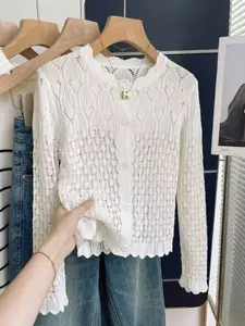 Women's Crochet Cardigan, Lace Collar Hollow Out Knit Sweater, Long Sleeve Button Up Top, Fashionable French Style, Romantic Lace Decor