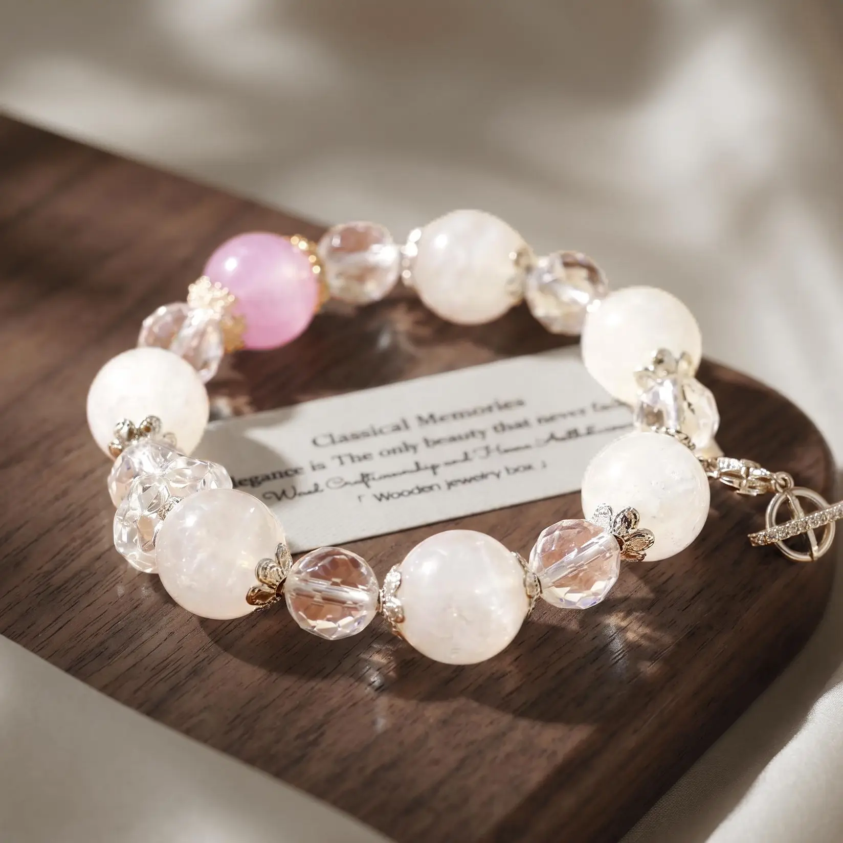 Kunzite & Clear Quartz Bracelet, Love Attraction Crystal Beaded Bracelet with White Phantom Quartz for Romance Energy & Feminine Charm