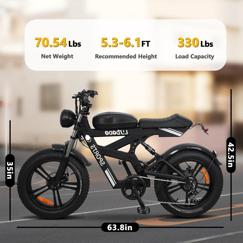 Moped Style Ebike for Adults740W, Max 19MPH & 70-150 Miles, Long Seat Electric Dirt Bike with 20" Fat Tire, Full Suspension E Bike All Terrain Gravelbike