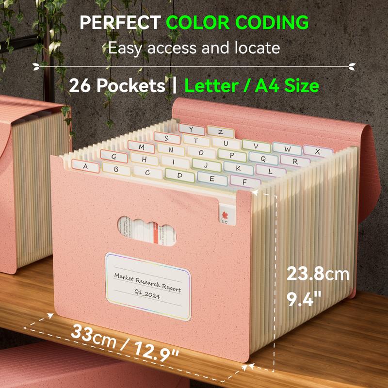 Accordion File Organizer, 26 Pockets Wheat Straw Expanding File Folder, Monthly Bill Receipt Organizer,A-Z Tabs,100% BPA Free,Return to Nature Healthy Living,Letter/A4 Size - Strawberry Pink