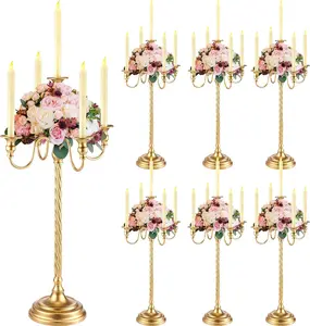 Tanlade 6 Pack Gold Candelabra Centerpieces for Tables, 21 Inch 5 Arm Metal Taper Candle Holders, Wedding Reception Table Flower Candlestick Decor for Banquet Anniversary Birthday Holiday Party