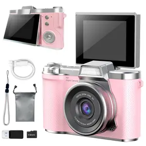 Latest Flip Cover Digital Vlogging Camera 1080P Video Recording Simple Interface Multiple Filters Outdoor Selfie Gift 32GB Memory Card & Reader Portable Camera HD Digital Camera