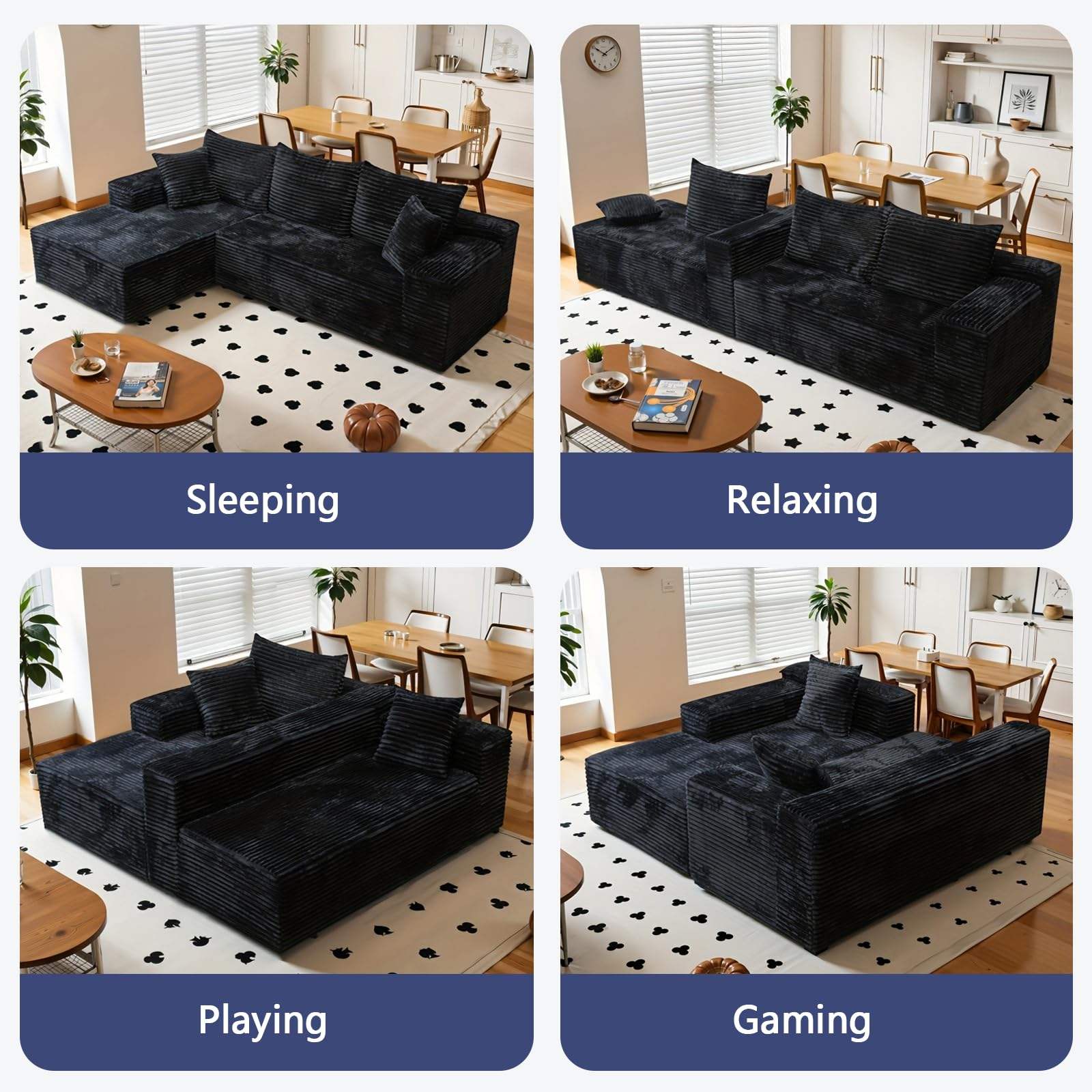 Modular Corduroy Cloud Couch Set - Boneless Sectional 3-Seat Convertible Sleeper Bed, Plush Oversized Chaise Loveseat with Soft Fabric, Blend Down Boneless Couches for Living Room Sofas, Indoor Apartment Furniture,summerwins