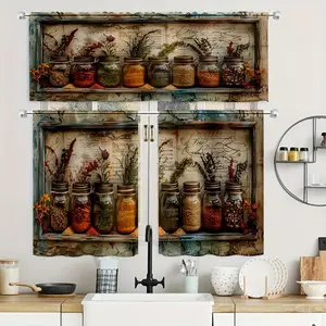 Kitchen Curtains 2 Panels, Vintage Spice Jar & Herb Print Short Semi Sheer Window Drapes, Light Filtering for Bathroom/Kitchen Small Windows Foldable Colorful Room Divider living Transparent Leaf