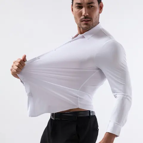 Men's High Stretch Fabric Plain Athletic Slim Muscle Fitted Long-Sleeve Buttoned Dress Shirt, Performance Buttoned Long Sleeve Dress Shirt