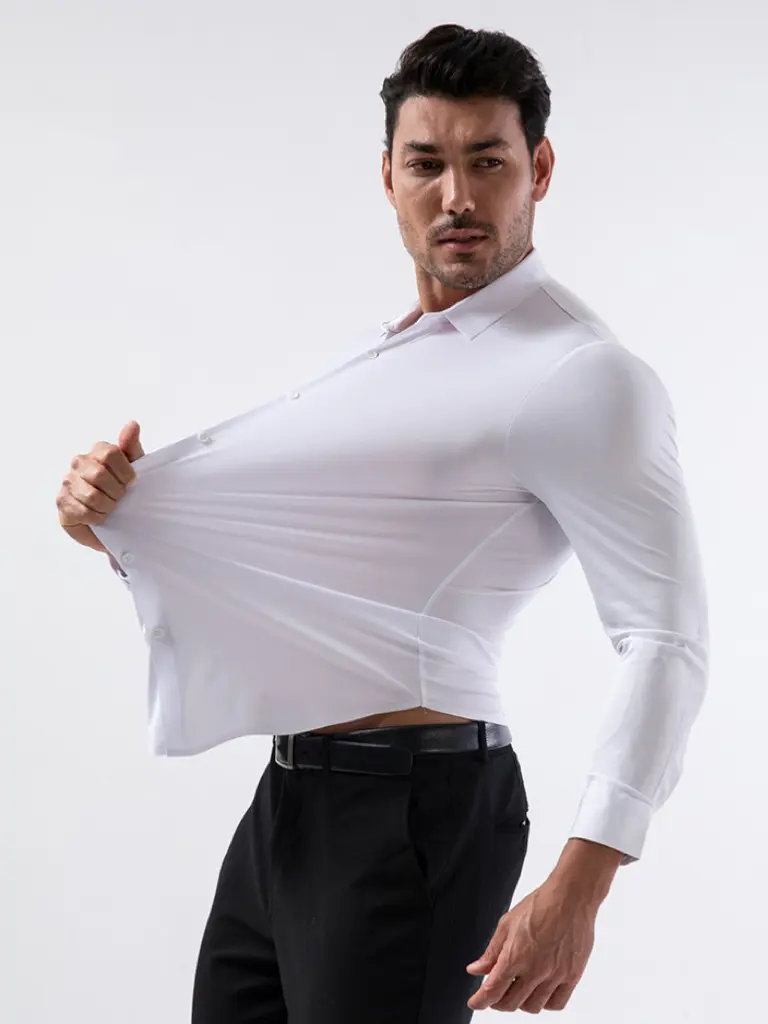 Men's High Stretch Dress Shirt, Slim Muscle Fit Long Sleeve Button-Down Performance Shirt