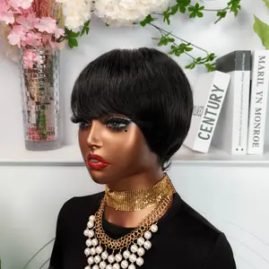 Short Human Hair Wig—4.5-inch short style. Features bangs and a pixie cut. Ideal for Black women, perfect for everyday wear, parties, and festive occasions, exuding a relaxed and elegant vibe.