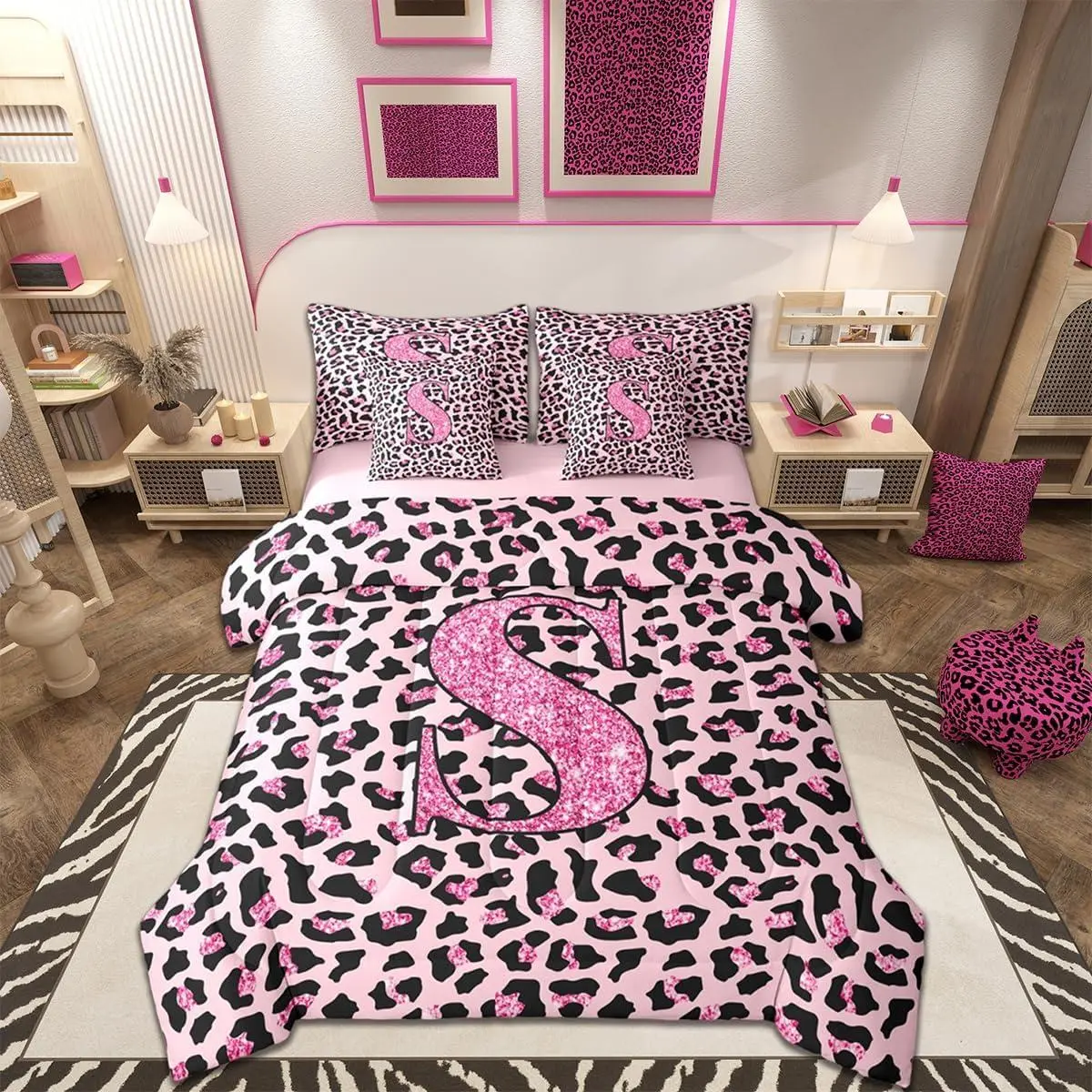 Leopard Print Comforter Set with Sheets 7 Piece Alphabet Personalized Initial Bedding Set Safari Cheetah Animal Fur Print Pink Letter S Bed in a Bag Room Decor