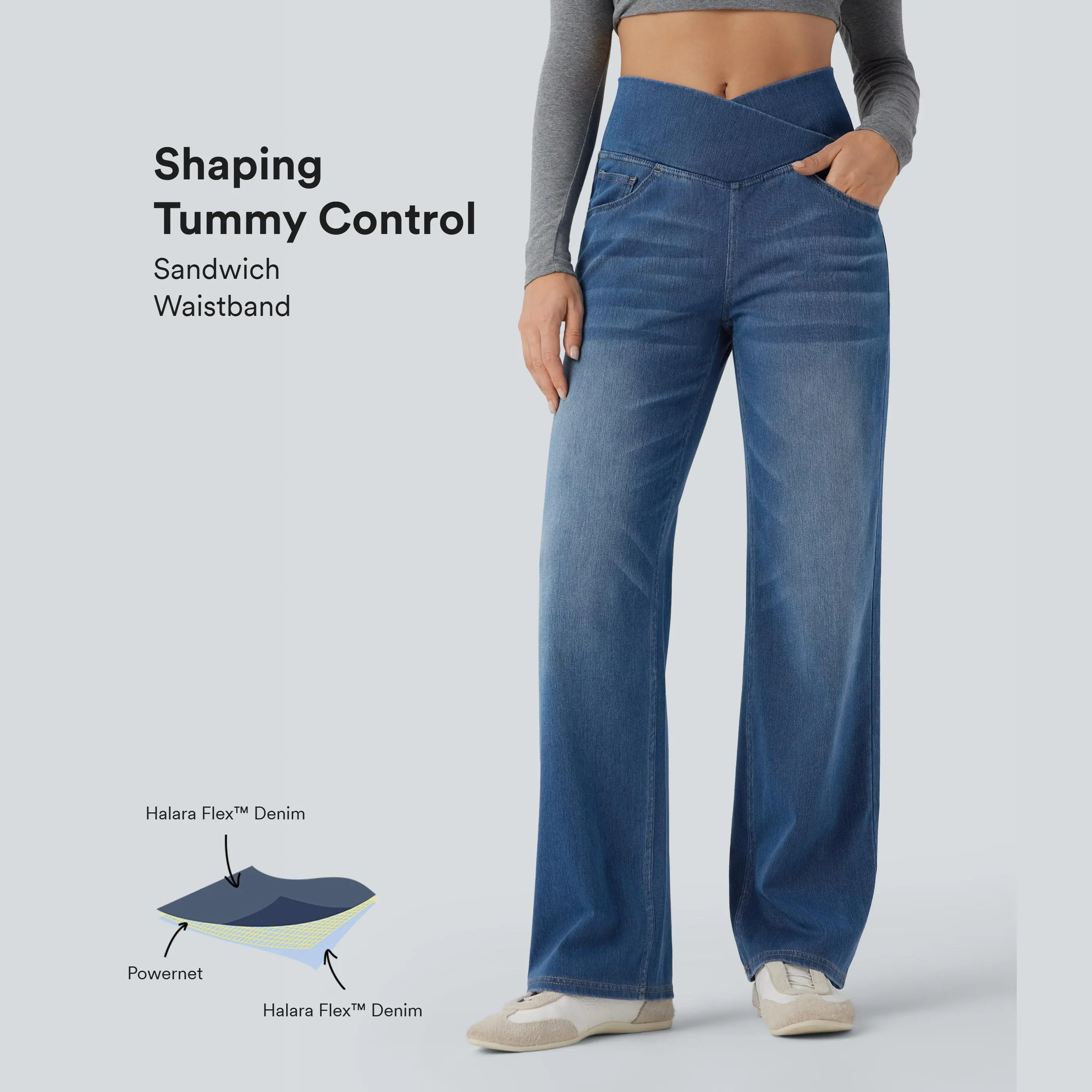 Halara Flex™ Crossover High Waisted Tummy Control Casual Straight Leg Jeans with Pockets Halara Flex™ Crossover High Waisted Tummy Control Casual Straight Leg Jeans with Pockets