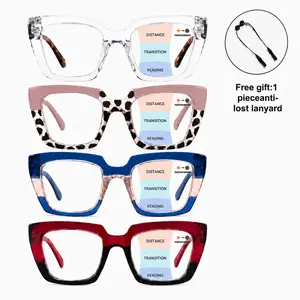 Non-Prescription HD Progressive Multifocal Photochromic Reading Glasses for Women and Men, Light-Adaptive for Near, Mid, Far Vision, Stylish Square Frame, Free Anti-Lost Lanyard