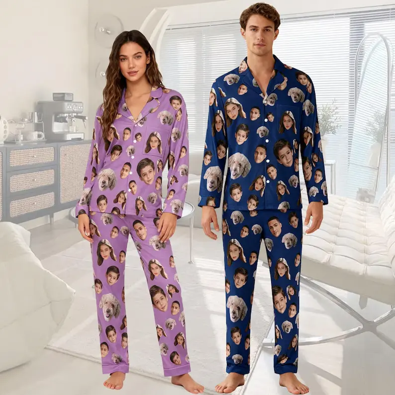The Custom Lab Custom Face Pajama Set Personalized Photo Pajamas for Men & Women Christmas Family Sleepwear Gift 100% Polyester Herringbone Satin Lightweight Breathable Ultra Soft