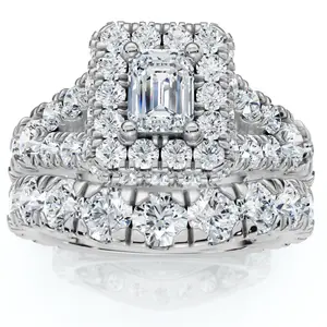 4Ct TW Emerald Cut Halo Diamond Engagement Wedding Ring Set Lab Grown Gold