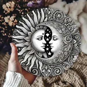 Moon & Sun Iron Metal Wall Art Plaque 7.8-inch High-Definition 2D Print Durable Intricate Detail Indoor Outdoor Home Garden Porch Decor Perfect Gift Art Supplies Crafts Sewing Accessories Ornaments Decoration Artistic Room Photo
