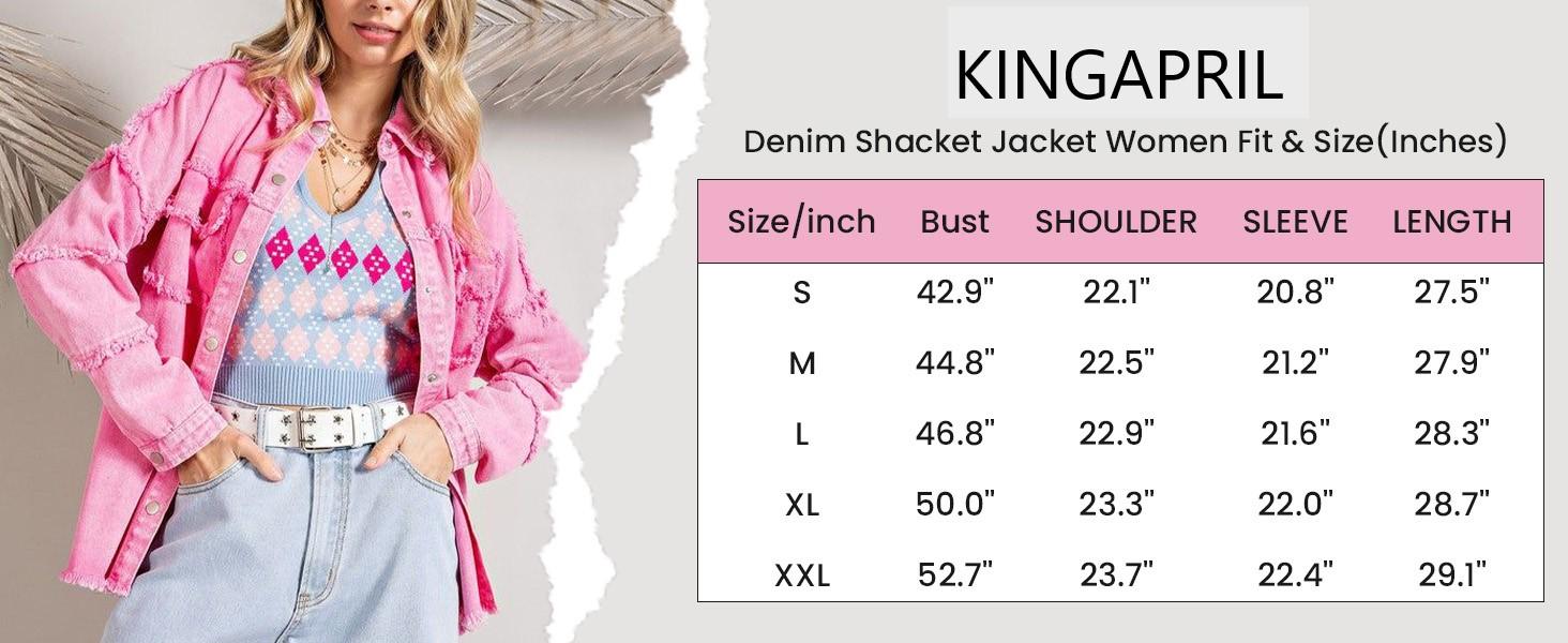 Kingapril Women's Denim Jacket, distressed washed design, button-down front, classic denim jacket with pockets, casual oversized soft coat with collar design.