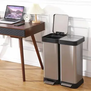 16 Gallon Dual Trash, Fingerprint Proof Stainless Steel Kitchen Garbage Can with Double Lid, Pedal Rubbish Bin for Kitchen Home Office, Without Inner Bucket