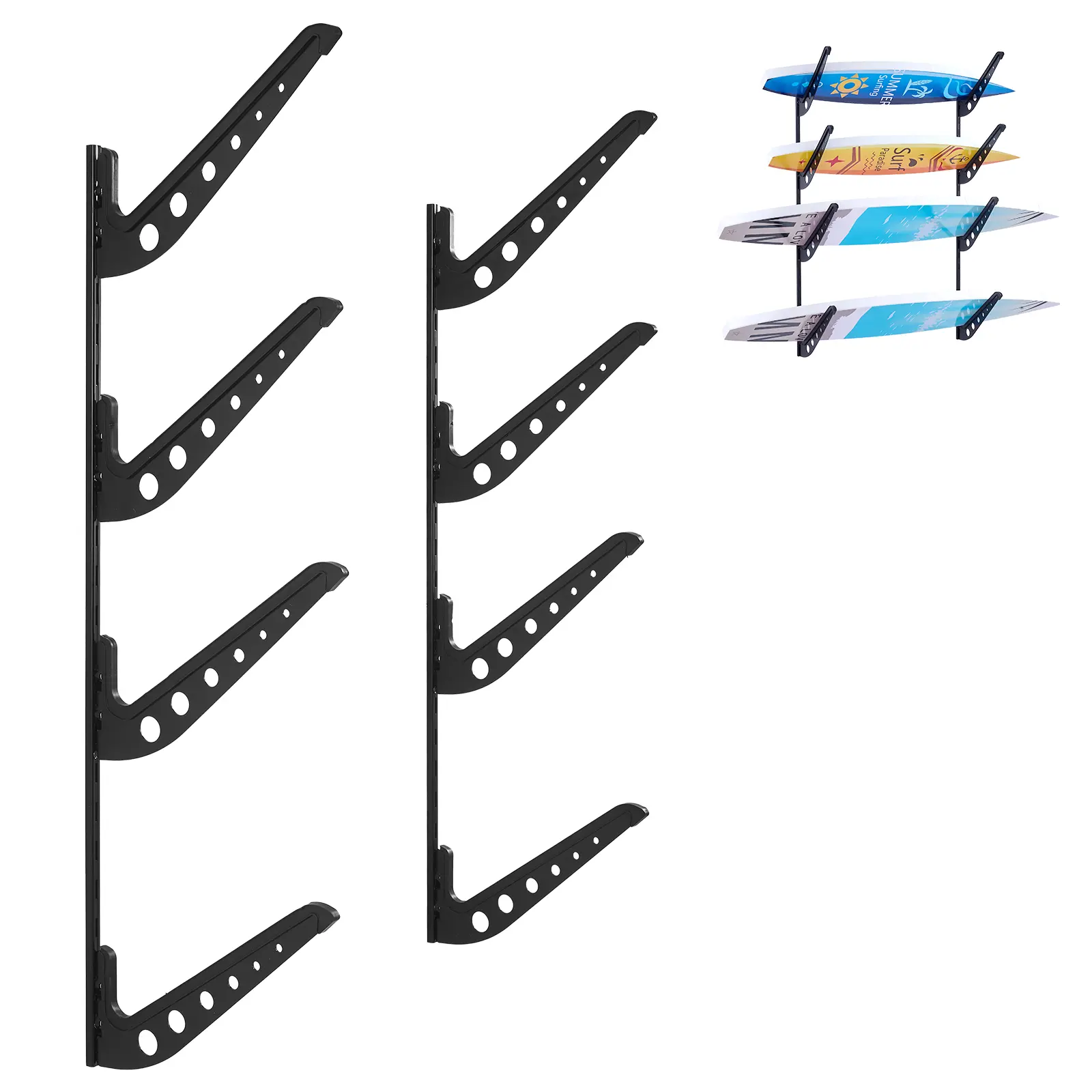 【summerfinds】VEVOR Surfboard Wall Mount, 4 Tiers Horizontal Surfboard Rack for Storage and Display, Adjustable Height Metal Board Stand Organizer, Surf Board Holder for Snowboards, Kiteboards, Shortboard, Skis, Multi-Board Surfing Accessories