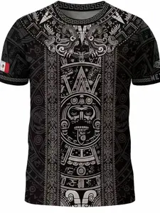 Aztec Mexico Heritage Graphic T-Shirt for Men – Tribal Sun Stone Print Tee, Mexican Culture Streetwear, Vintage Ethnic Graphic Shirt, Casual Summer Fashion Top