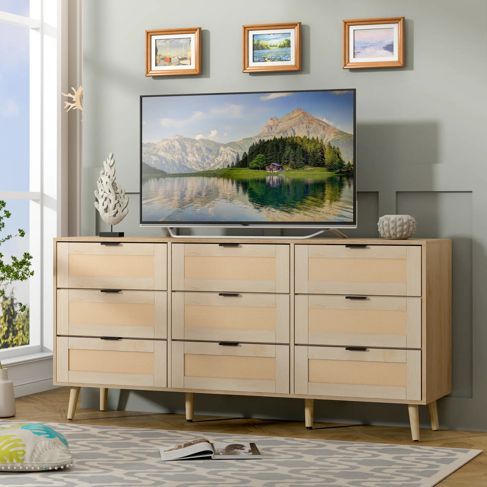 Anbuy Rattan Dresser 9 Drawer Double Dresser, Dual Chest of Drawers Modern Dresser for Bedroom with Rattan Door Organizer Dorm Apartment Furniture Cab