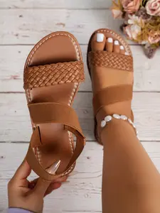 Women's Bowknot Design Slip on Leather Rubber Sandals, Casual Boho Style Flat Classy Sandals for Beach Vacation, Fashionable Shoes for Daily Wear