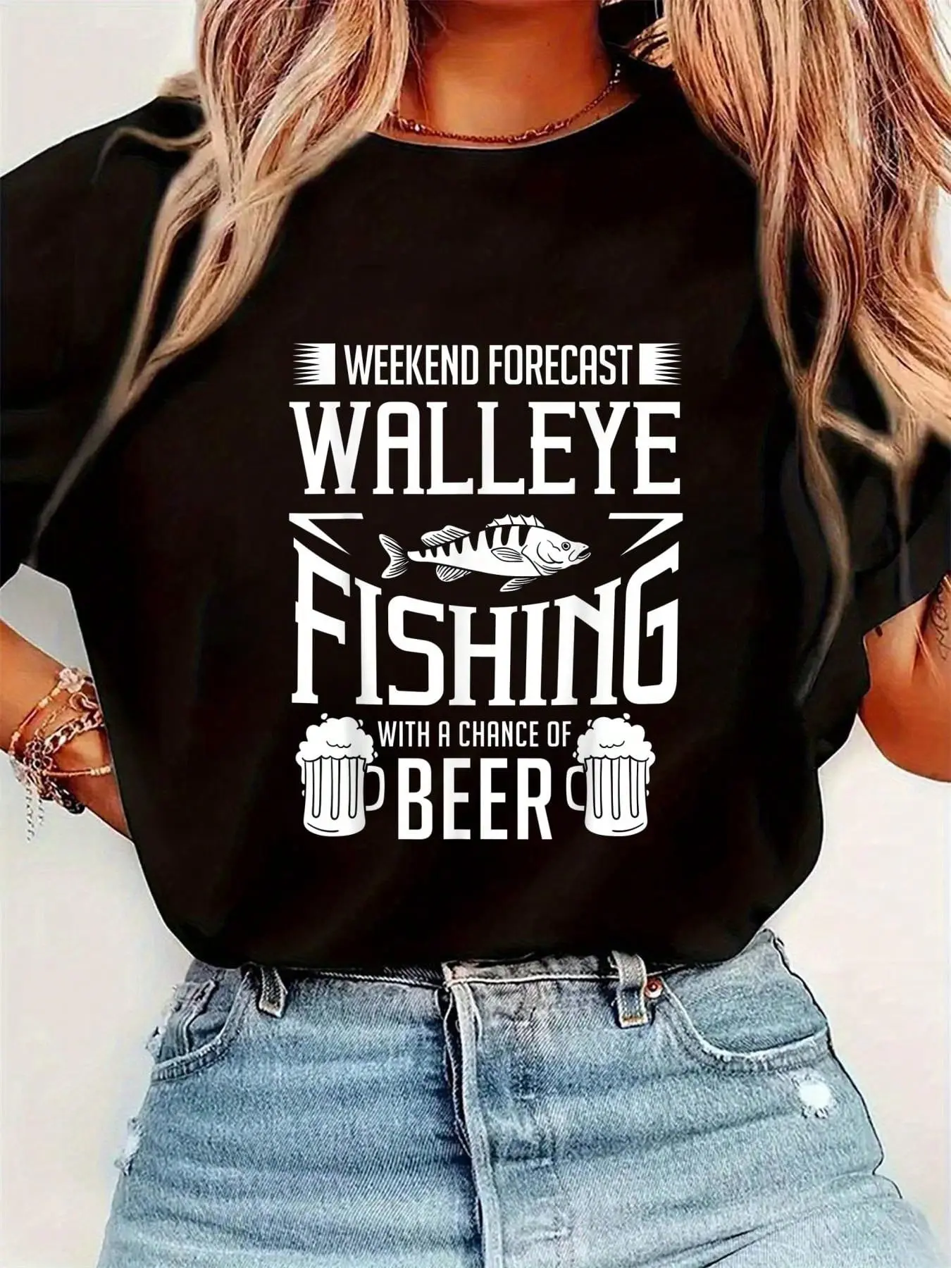Walleye Lure Fishing Gift Walleye Fish Beer T-Shirt Womens Round Neck Short Sleeve T-Shirt Fashion Graphic Tees Women To
