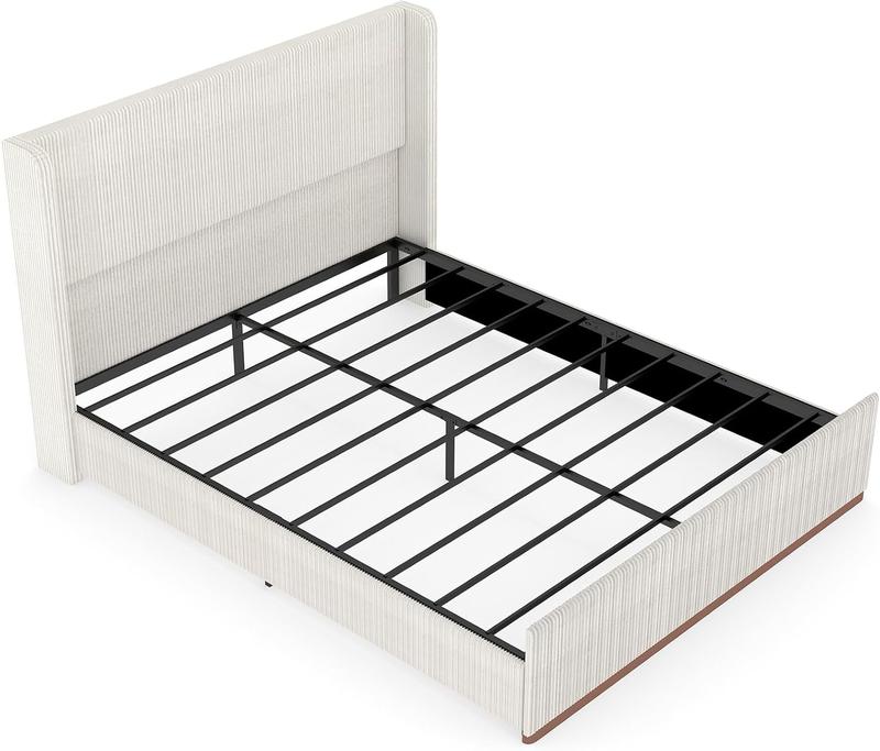Queen Size Upholstered Bed Frame, Soft Corduroy Platform Bed with 47" Luxury Wingback Headboard, Solid Steel Slats Support, No Box Spring Needed, Noise Free, Easy Assembly, Cream Queen Size Upholstered Bed Frame, Soft Corduroy Platform Bed with 47" Luxury Wingback Headboard, Solid Steel Slats Support, No Box Spring Needed, Noise Free, Easy Assembly, Cream