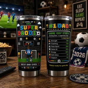 Super Daddio Soccer Tumbler 20oz, Retro Gamer Dad Cup, Pixel Art Football Dad Mug, Funny Game Day Gift for Dad, Father’s Day Gift