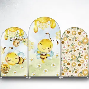 15-day 2D Flat Delivery Arch Backdrop Cover Elastic Fabric Bumble Bee Daisy Floral Party Decoration, Arched Photo Booth Background Cover for Baby Shower, Wedding, Birthday Party Supplies