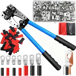 Battery Crimping Tool for 1/0,2,4,6,8,10 Awg Gauge Wire Cable Lugs Crimper Connector,60pcs Tinned Copper Ring Terminals and 100pcs Heat Shrink Tubing