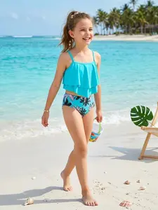 Girls' Tropical Print Two-Piece Swimsuit with Ruffle Top and Floral Bottoms for Beach Fun Perfect for Summer Adventures swimming suit Flag Hoodie Slim Shape Men's Moisture Wicking T-Shirt gaiter