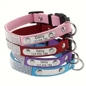 Customizable Shiny Rhinestone Pet Cat Collar with Name And Phone Engraving Adjustable Durable Polyester for Kitty