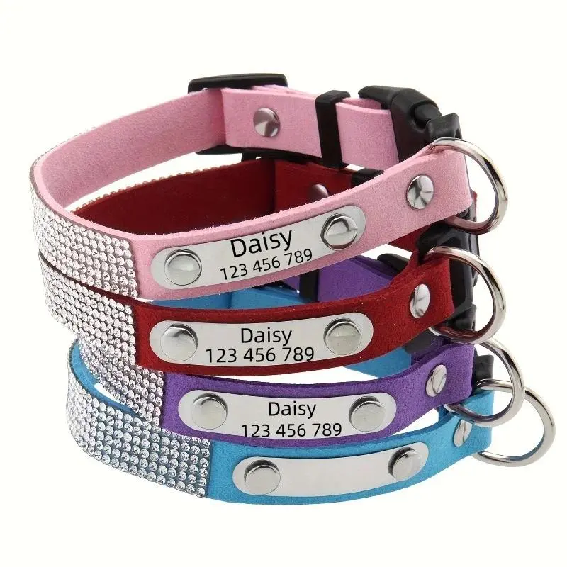 Customizable Shiny Rhinestone Pet Cat Collar with Name And Phone Engraving Adjustable Durable Polyester for Kitty