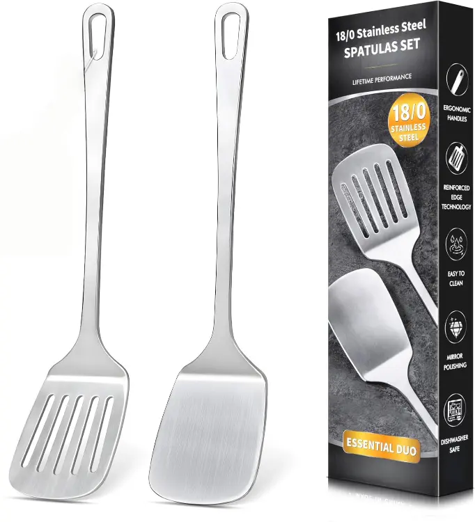 2 Pcs Stainless Steel Spatulas Set, Metal Spatula Solid & Slotted Turner, Heavy Duty Sturdy Spatula for Kitchen Use, High Heat Resistant Cooking Utensils for Fish Eggs Pancakes, Easy to Clean, Silver