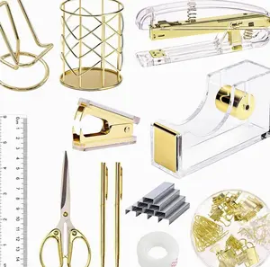 Gold Office Supplies Set Desk Accessories, Acrylic Stapler Set Staple Remover, Phone Holder, Tape Holder, Pen Holder, 2 Ballpoint Pen, Scissor, Binder Clips, Ruler, Transparent Glue and Staples.