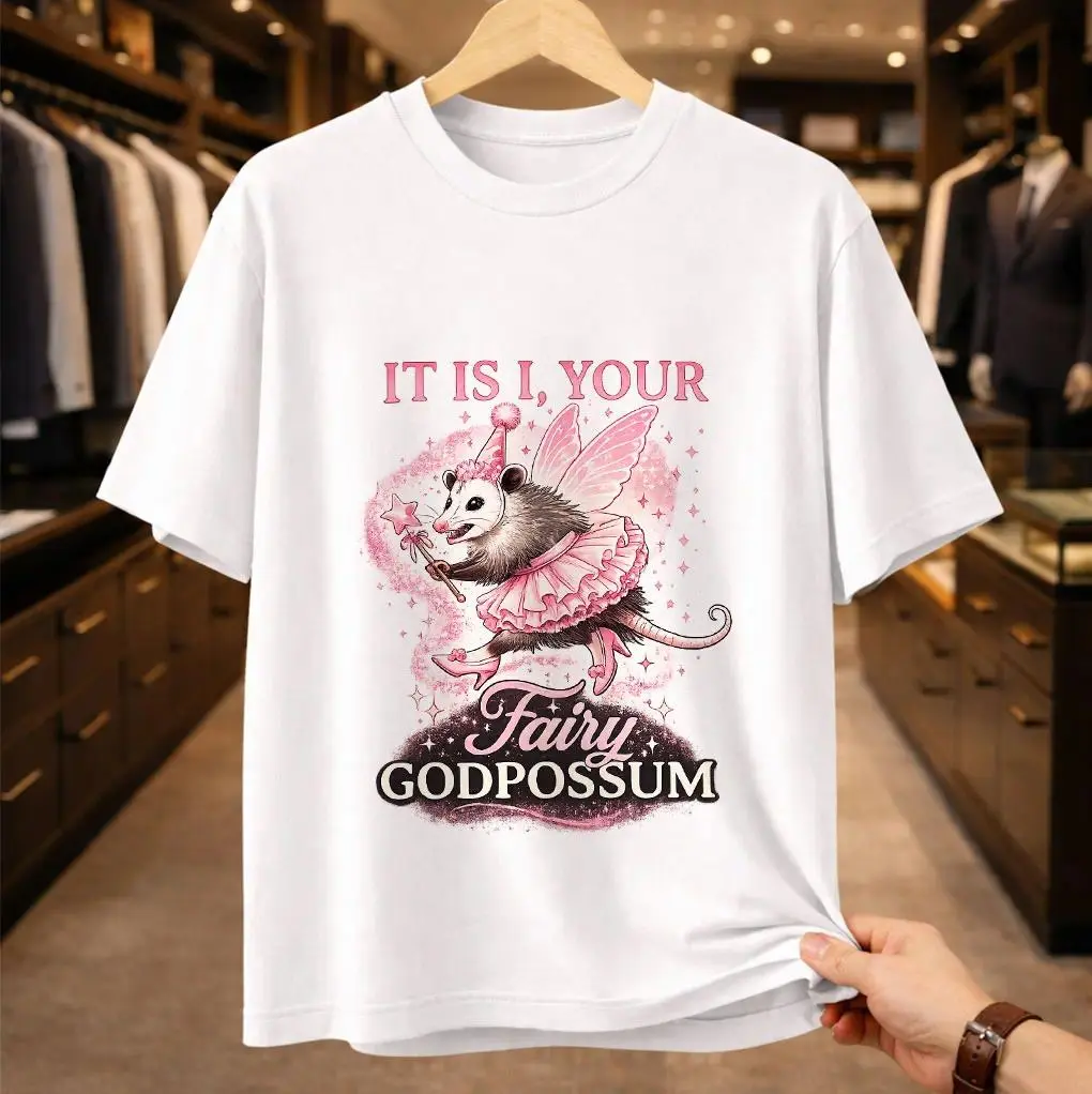 Unisex "It Is I, Your Fairy Godpossum" Classic Short-Sleeve Breathable T-Shirt - Pink Fairy Opossum Graphic Print Tee - Weirdcore Aesthetic Sarcastic Ribbed Animal Lover Top