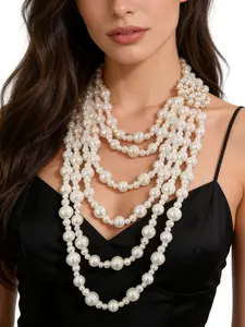 Layered Pearl Alloy Necklace, Fashionable Beaded Jewelry, Multi-Layer Chain Design, All Season Wear, No Choking Hazard, Faux Pearls, Elegant Beaded Necklace