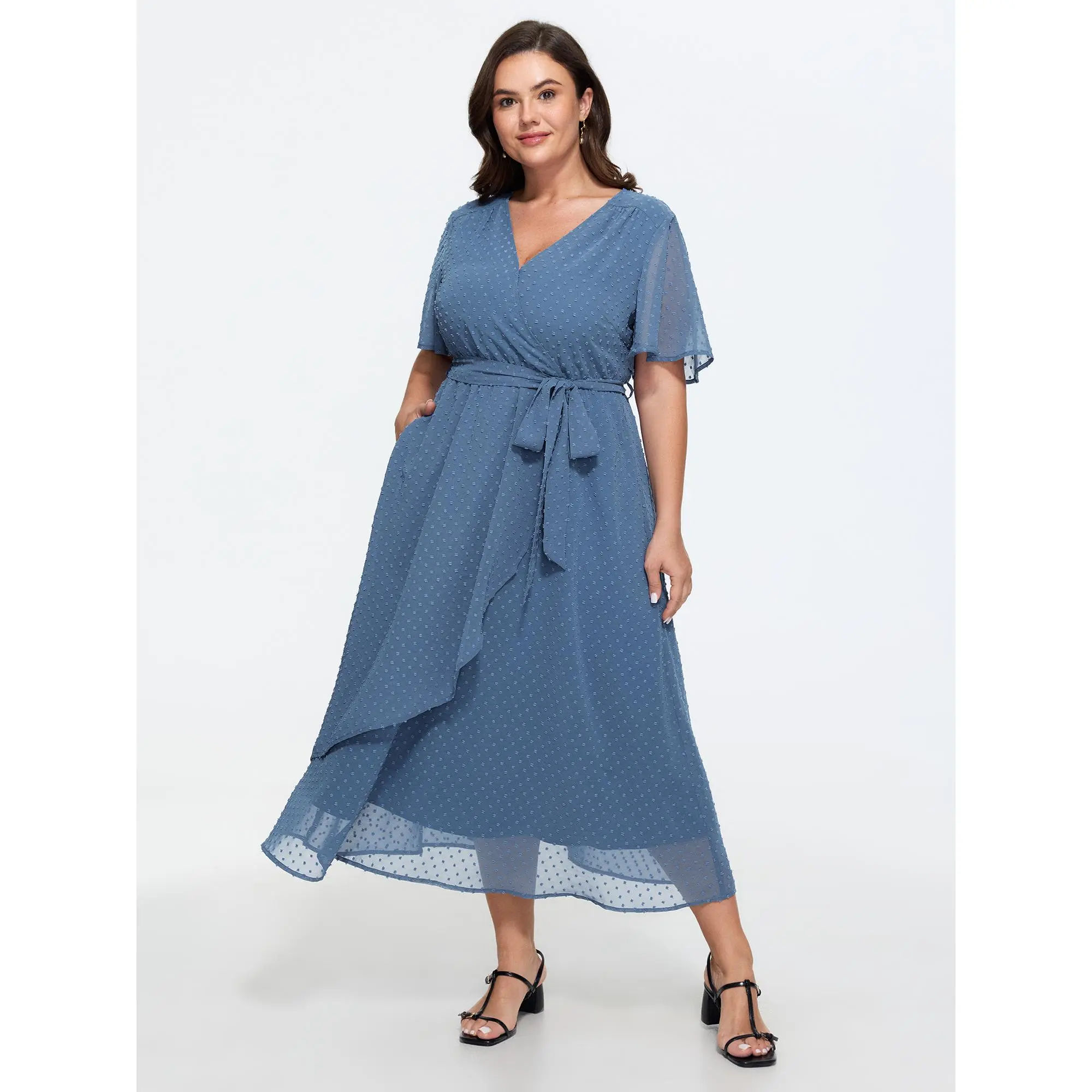 BloomChic Plus Size Romantic Textured Polyester Midi Dress, Casual Short Sleeve with Ruffled Wrap Front and Belt, Smooth, Garment, Fabric, Fit, Pocket, Low Iron, Plus Size Clothes, Casual Dresses, Curvy Clothing, Curvy Dresses Plus Size