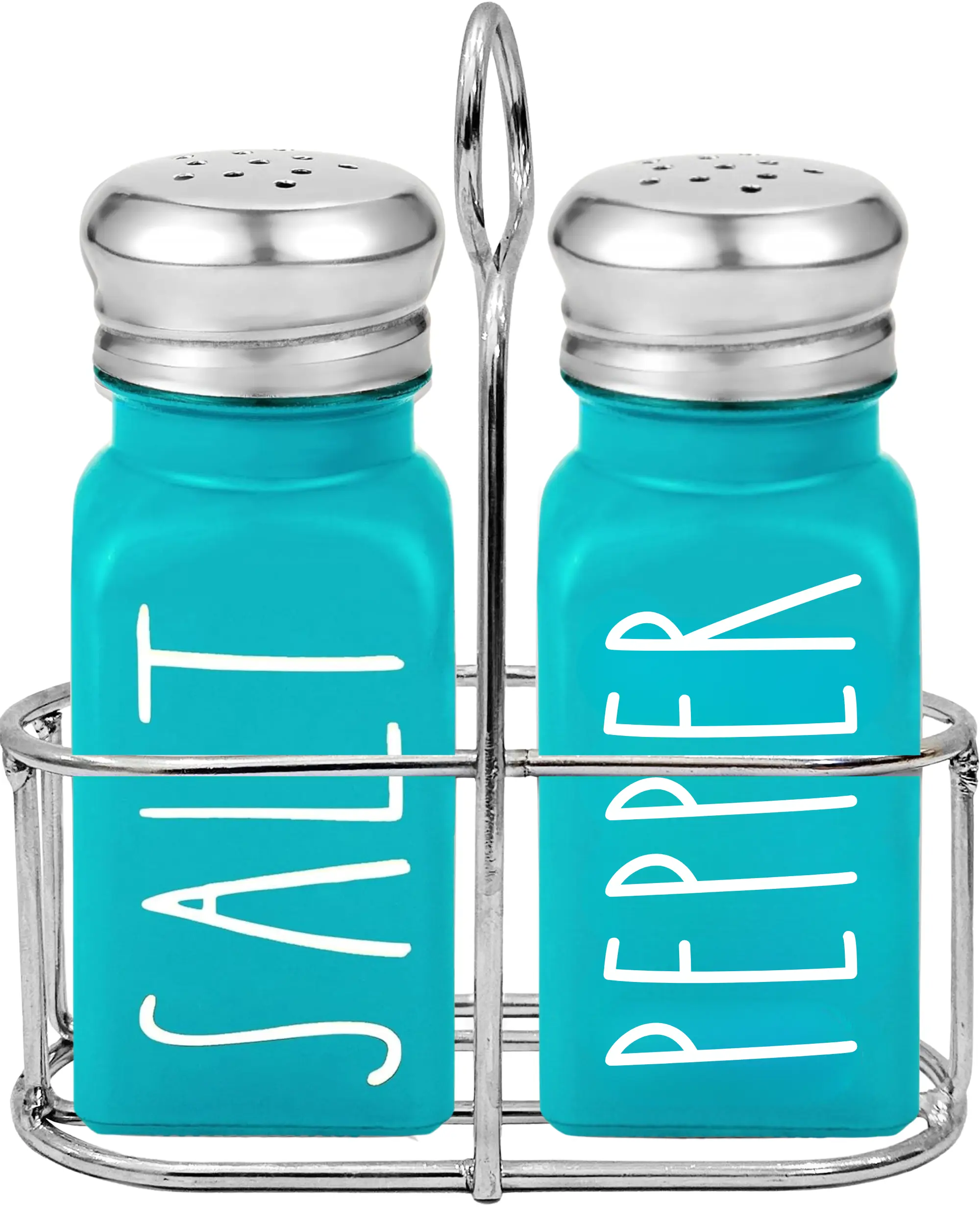 Teal Salt and Pepper Shakers Set with Holder by Brighter Barns - Turquoise Kitchen Decor and Accessories - Cute Salt and Pepper Set with Caddy - Modern Farmhouse Glass Shakers for Dining Table (Teal)