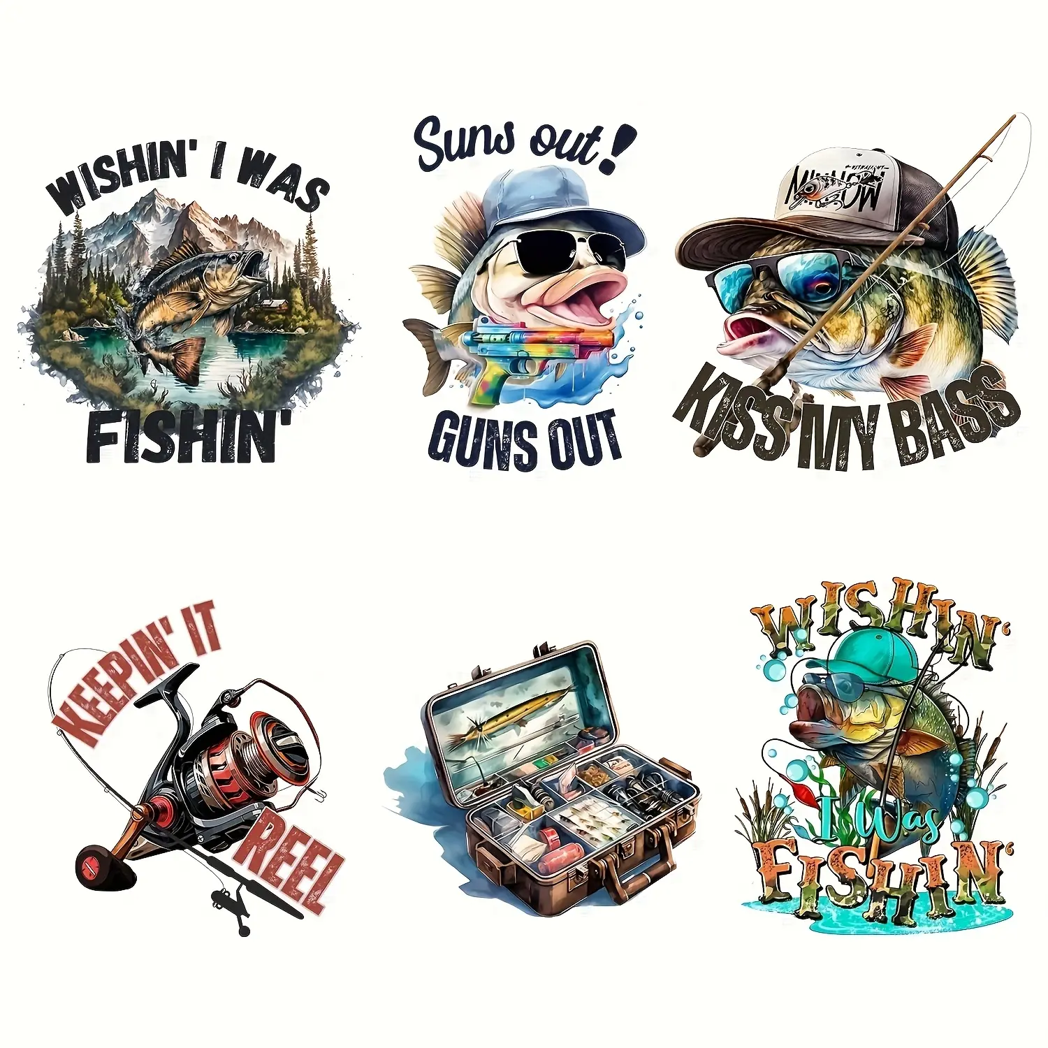Fishing Man Design Iron-On Transfers, 6-Piece Set for T-Shirts & Jackets, Durable Heat-Transfer Stickers for Creative Clothing Decorations DIY Crafts Kit