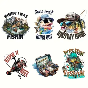 Fishing Man Design Iron-On Transfers, 6-Piece Set for T-Shirts & Jackets, Durable Heat-Transfer Stickers for Creative Clothing Decorations DIY Kit
