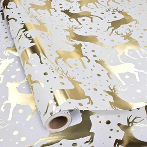 Reversible Metallic Foil Christmas Wrapping Paper - White  Reindeer Holiday  Wrap for Vacation Winter ( Reindeer, 17 In X 16.5 )