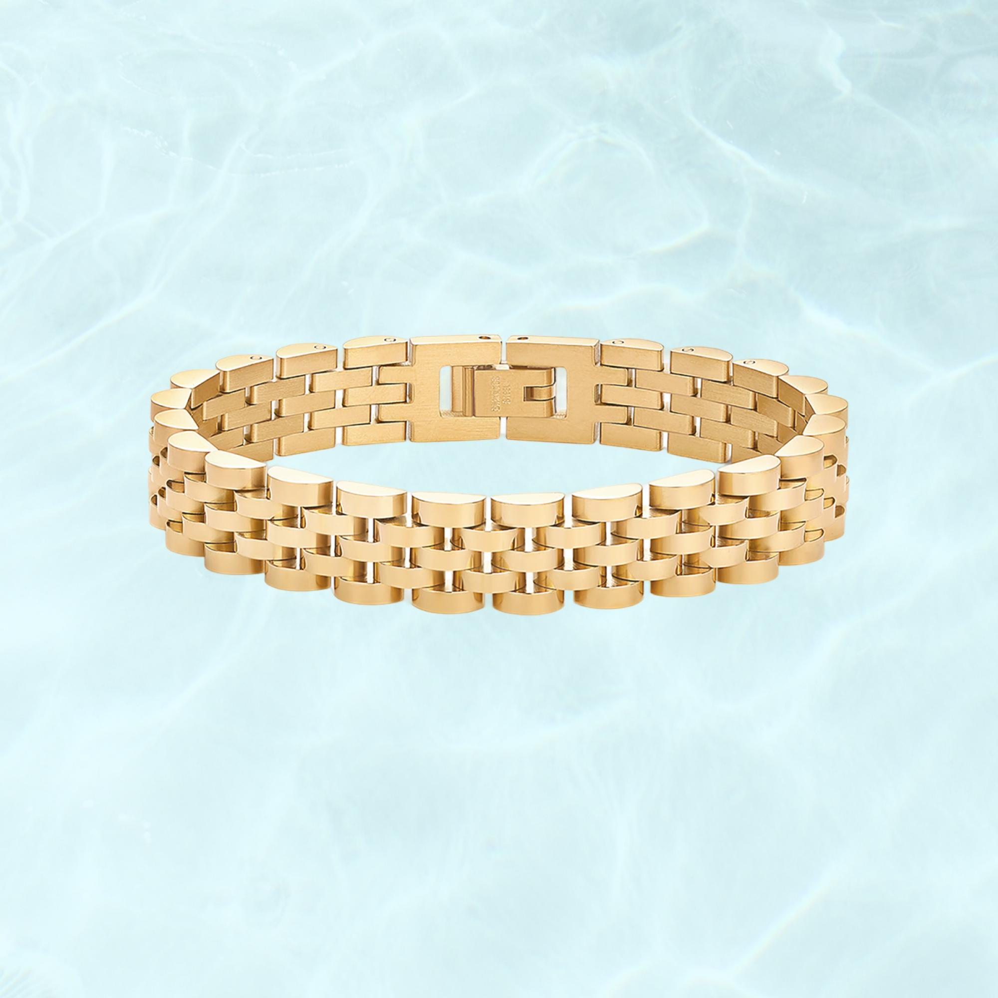 PAVOI Waterproof Watch Strap Chain Bracelet for Women - 14K Gold Plated Two Toned Stainless Steel Chunky Link Bracelet - Stainless Steel Mixed Metals Statement Gold Jewelry