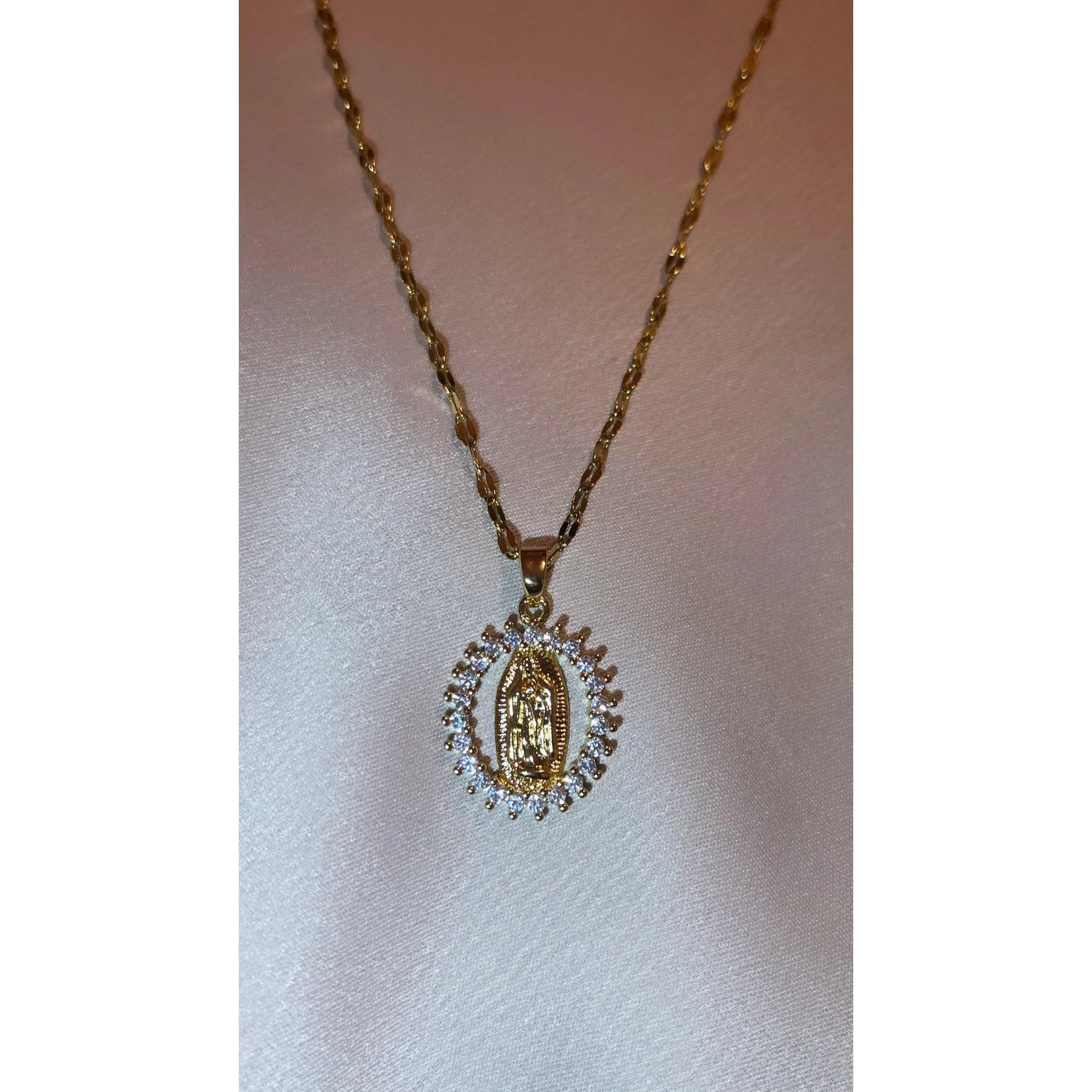 Elegant Gold Plated  Virgin Mary Necklace with Diamond Halo