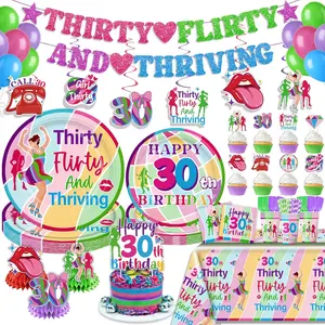 NeoRov 220 Pcs Thirty Flirty And Thriving Decorations Tableware Set - Service 25 Guests - Includes Banner, Cake Topper, Balloons, Plates And Napkins Paper Cup - For 30th Women Birthday