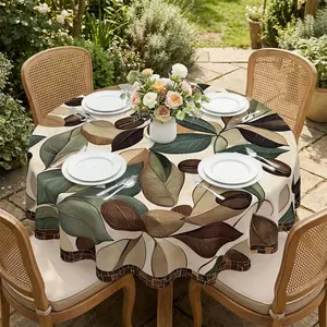 Round table cloth with coffee leaves and beans on beige background, retro coffee style table accessory, for Coffee Shop, Coffee Themed Gathering, Restaurant