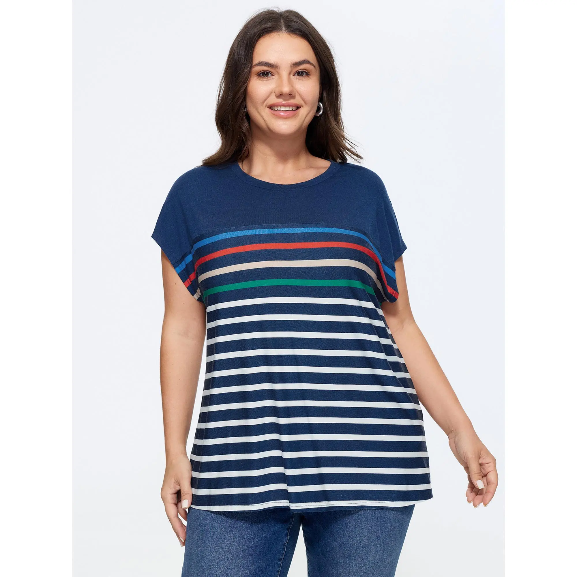 BloomChic Women's Plus Size Supersoft Multi-Stripe Print Dolman-Sleeve Spandex Fabric Casual T-Shirt [M-6X] - 2026 Summer Garment, Shortsleeve, Fit