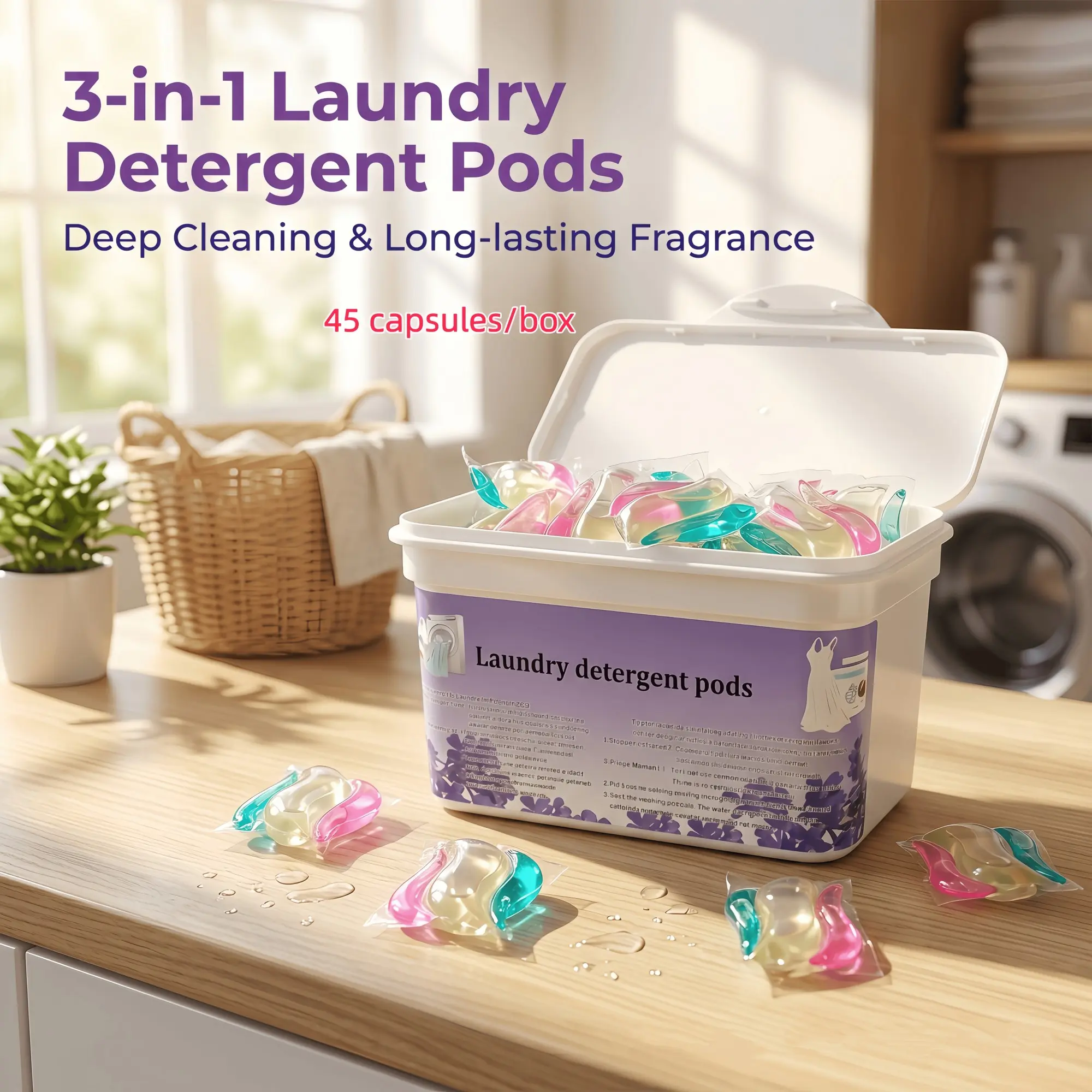 45-Count 3-in-1 Laundry Detergent Pods: Deep Stain Removal, Color Protection, Fabric Softening & Long-Lasting Fresh Scent for Everyday Home Laundry