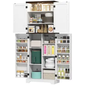 64" Tall White Kitchen Floor Pantry Cabinet - Motion Sensor Light, Spice Racks, Adjustable Shelves - Ideal for Kitchens, Small Spaces, Nighttime Access, Organization & Storage